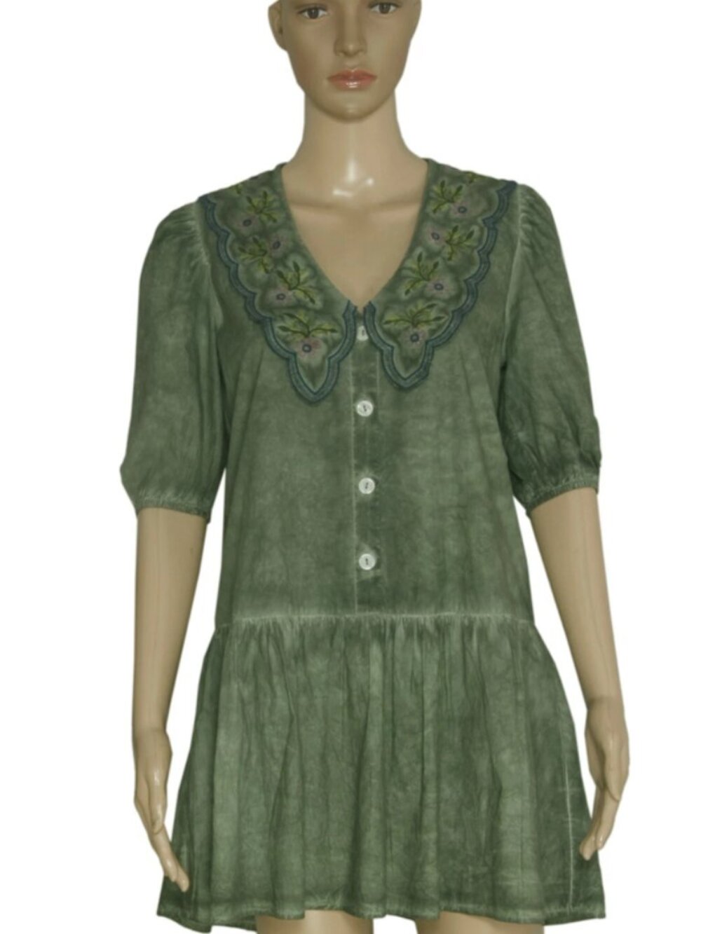 Anthropologie Floral Embroidered Tie Dye Button Front Mini Dress M